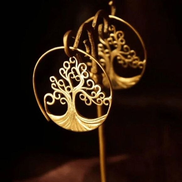 Tree Of Life Earrings Spiral Hoop Earrings - Picture 1 of 2